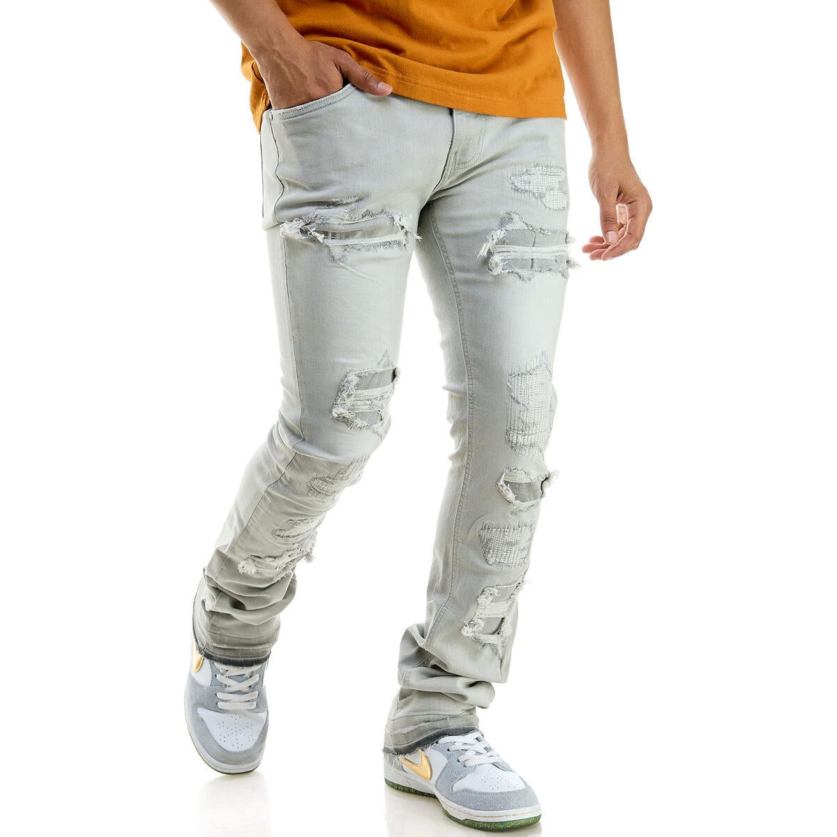 KDNK - Rip & Repair Stacked Jeans - Grey